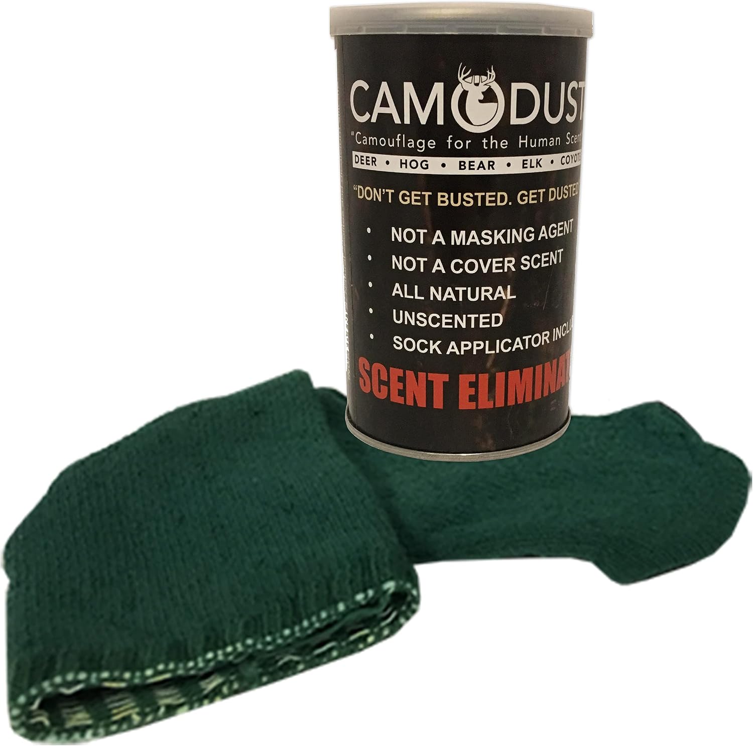 CAMO DUST Hunter Scent Eliminator for Deer, Bear, Hog Hunting - Human Scent Killer - Safe, Patented Powder for Hunters to Block Odor on Clothing - Sock Applicator Included