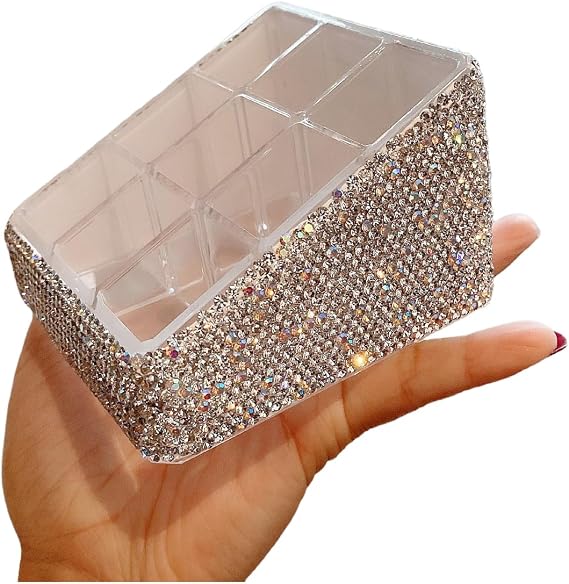 Bling Rhinestone 9-Compartment Lipstick Display Stand Elegant Desktop Lipsticks Organizer Box Holder for Lipsticks Lip Gloss (Silver)