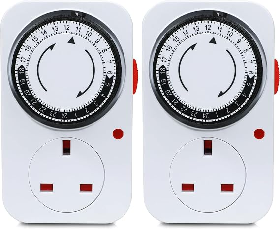 24 Hour Mechanical Timer Plug Socket UK, MDCMLKS Programmable Energy Saving Plug-in Indoor Timer Plug Switch for Indoor Lights, Lamps, Christmas Lights and Home Appliances,CE Listed(13A/3120W, 2 Pack)