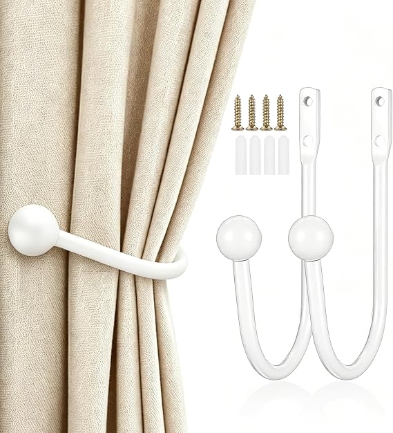 2 Pcs White Metal Wall Mounted Curtain Holdbacks & Tiebacks | Sturdy white metal wall-mounted holdbacks & tiebacks. Easy install, holds curtains or items.