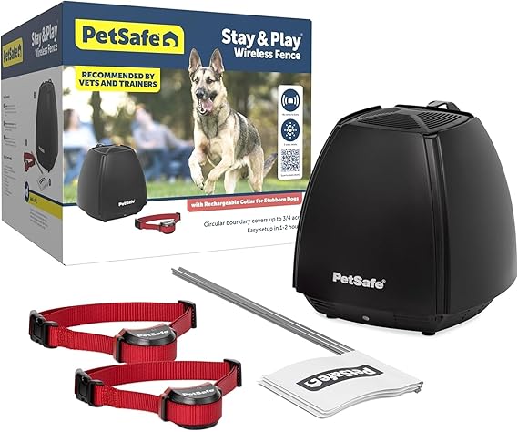 PetSafe Stay & Play 2-Dog Wireless Fence, Up to 3/4-Acre | Includes 2 Collars & Boundary Flags, Tone-Only Mode Plus 5 Levels of Static, No Wire, Dogs 5 lb+