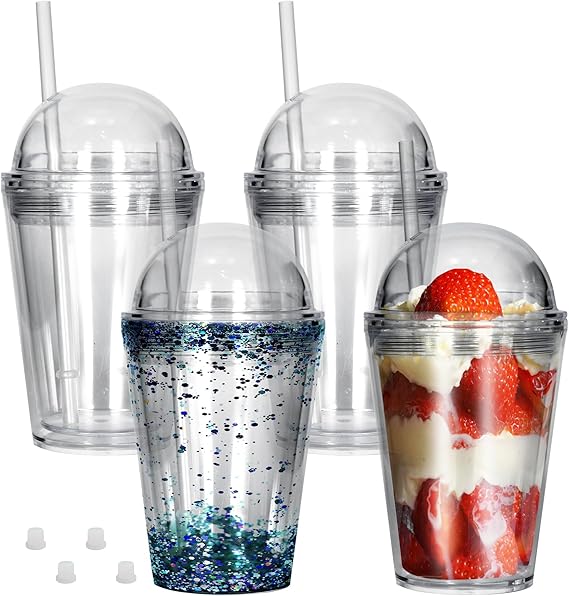 sweet grain Acrylic Tumblers with Dome Lids4 Pack - 12oz Pre-Drilled Reusable Clear Plastic Cups with Lids and Straws, Double Wall Snow Globe Tumblers for PuddingCupcakeDrinkingDessert