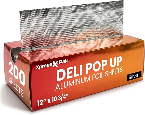 200 Count Pre-Cut Deli Tin Foil Sheets, 30cm Pop Up Foil Sheets for Restaurant, Disposable Foil Sheets for Food, Tin Foil Sheets for Burrito, Hot Dog or Sandwich