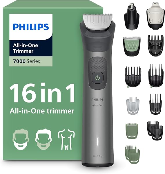 Philips Multigroom 7000 Series All-in-One 16-Piece Trimmer - Shaver and Clipper for Beard, Nose, Hair, and Body, Self-Sharpening Full Metal Blades, 21 Length Settings (0.5-16 mm), Model MG7931/15