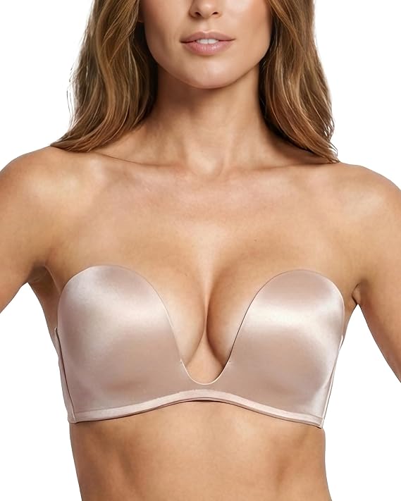 DotVol Women's Deep U Plunge Padded Push Up Convertible Strapless Bra | Seamless,U-Shaped Wire,Multiway Bras