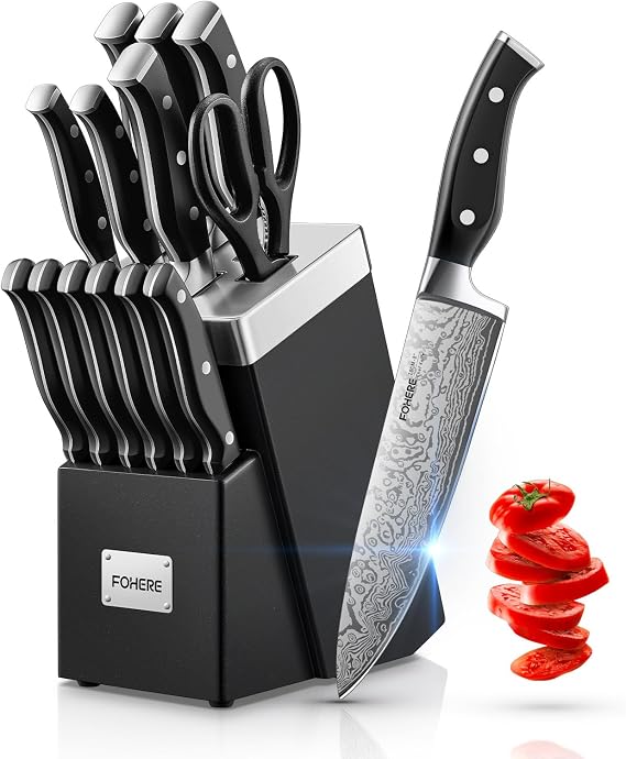 Knife Block Set FOHERE Self-Sharpening Knife Block 14-Piece Stainless Steel Knife Set with Block Professional Kitchen Knife Set with Ergonomic Handle Black
