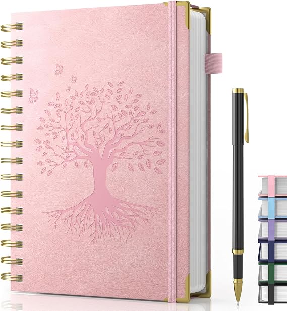 Smarpau Notebook A5, 240 Pages Wirebound Spiral Notebooks for Writing | 100gsm Thick Paper, PU Leather Journals for Women Men Note Taking School Office - 14.5 x 21cm, Pink