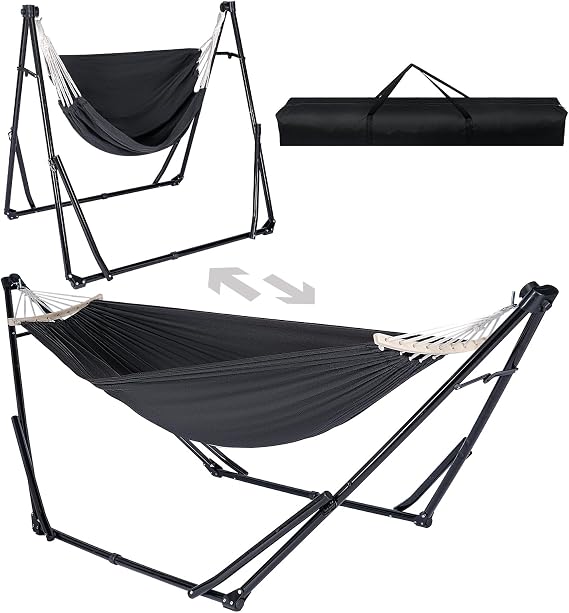 2-in-1 Hammock & Swing Chair for Teens Adjustable Folding Chair with Collapsible Steel Stand, Portable for Camping, Travel, Patio & Indoor Use, Includes Carrying Case, Supports 440 LBS