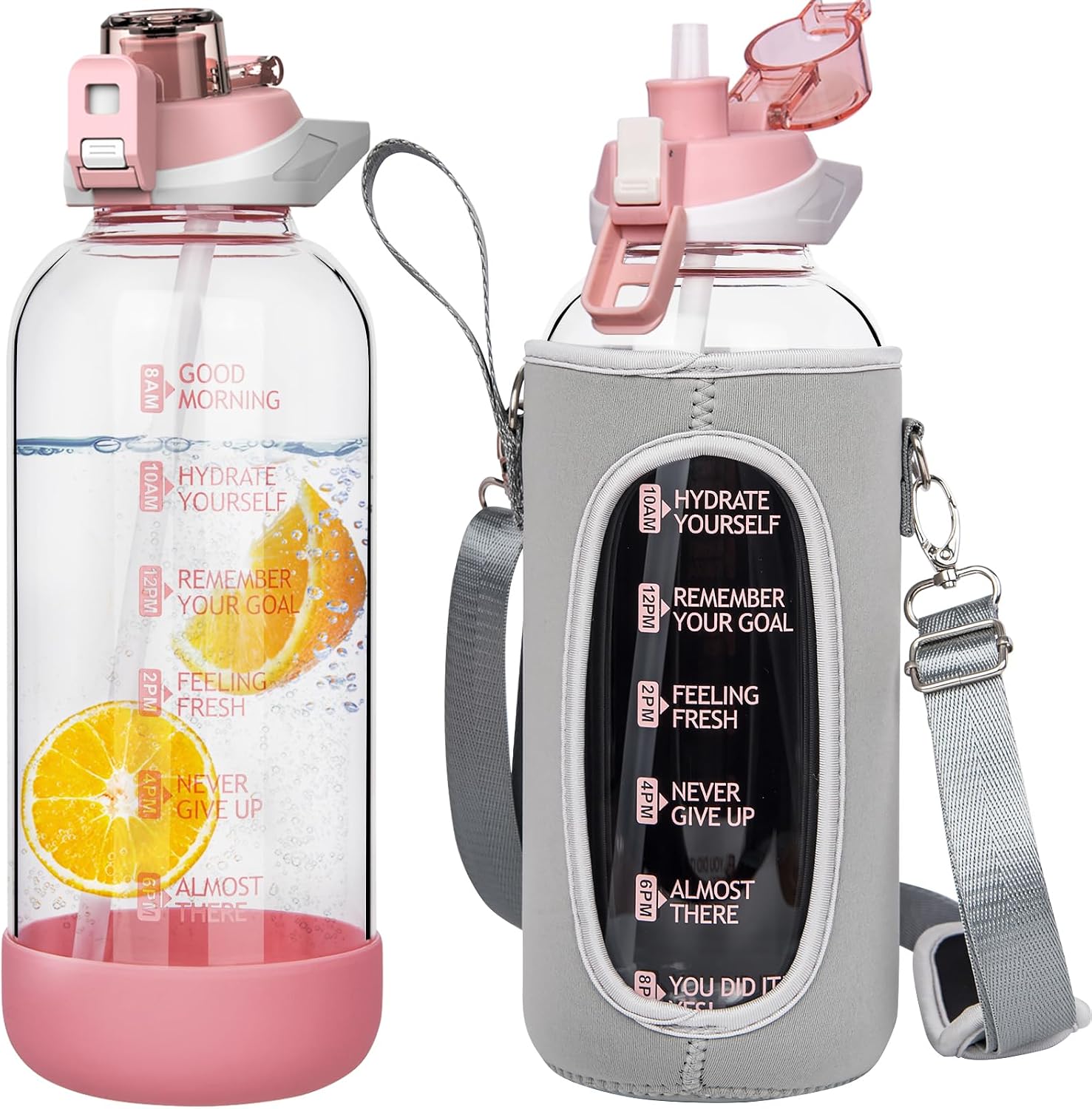 2 L Sports Water Bottle Glass Bottle with Straw and Time Marking Leak-Proof BPA-Free 2 Litres Large Water Bottle Motivation with Protective Cover Suitable for Smoothie Fruits Carbonated