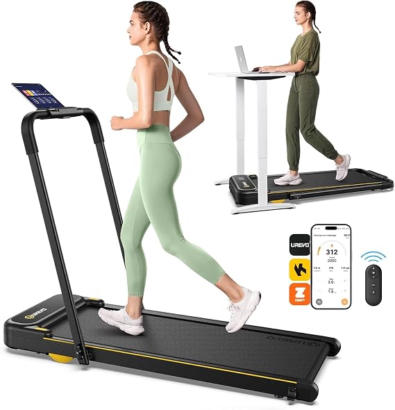 UREVO Smart Walking Pad with Handle, 2-in-1 Foldable Under Desk Treadmill | Dual Shock Absorption, 5-layer Anti-slip Belt, LED Tracking Display, Remote Control, Compact Design, No Assembly, 1-10 km/h