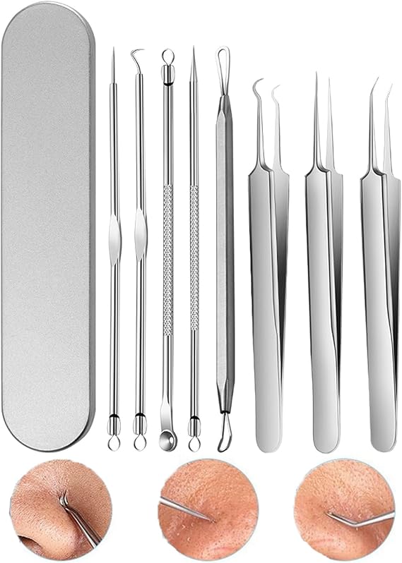 Stainless Steel Blackhead Remover Kit,Pimple Popper Tool Kit,Blackhead Remover Tweezers,Black Head Remover for Face,3 Shapes and 5 Sets of Beauty Tool Series with Storage Case