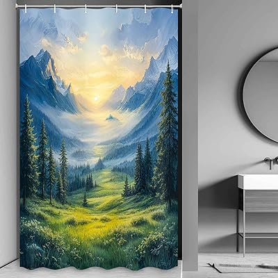 JAWO Nature Forest Shower Curtain, Fog Pine Tree Woodland Mountain Scenery Home Decor Rustic Farmhouse Bathroom Curtains 36x72 Inches