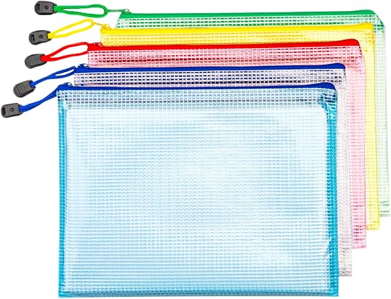 A4 Zip Wallets 5Pcs, Mesh Zip Bags, Plastic Wallets A4 Zip Folders, Storage Zip Lock Bags Document File Folders Puzzle Bag for Stationary Office Supplies, Cosmetics, Travel Accessories