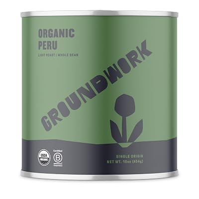 Groundwork Organic Whole Bean Light Roast Coffee, Peru, 16 Ounce Can