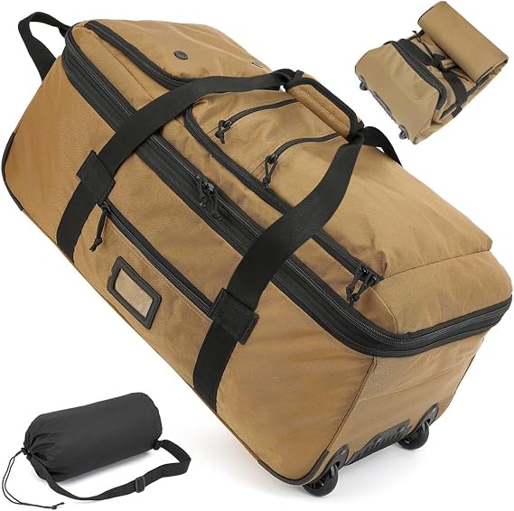 Large Foldable Duffle Bag with Wheels 85-100L Expandable Wheeled Holdall Extra Large Travel Rolling Duffel Bags for Men Women Collapsible Big Soft Luggage Camping, Brown