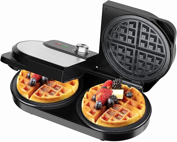 YASHE Double Waffle Maker, 6-Inch Belgian Waffle Iron, Stainless Steel | 1400W Heating with Nonstick Plates, 5-Level Temperature Control, Cool-Touch Handles and Easy-Clean Design