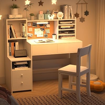 Wooden Kids Study Desk and Chair Set, Childrens Desk with Light, 4 Drawers,Storage Cabinets and Shelves, Boys & Girls Study Desk for Bedroom and Kidsroom Ivory White