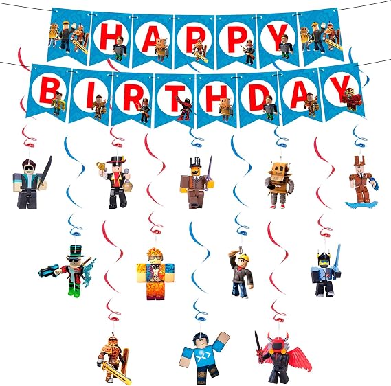 Luclay Robl BirThday Decorations Banner, Roblx Happy BirThday Banner Roblx Party Decorations Roblo Bunting Garland and Hanging Decor for Kids Game Theme Party Supplies Birthday Decorations