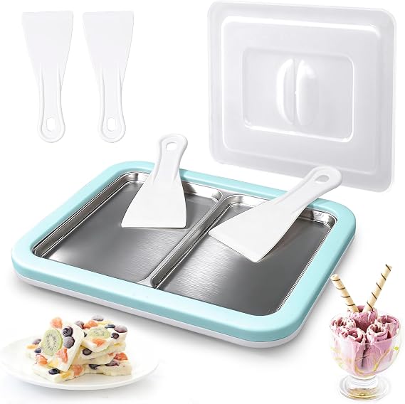 Rolled Ice Cream Maker, Dual Trays Instant Ice Cream Maker, Food-Grade Homemade Frozen Yogurt Maker for Kids & Family, DIY Ice Roll Machine with 4 Spatulas, Dustproof Design (Mint Green)