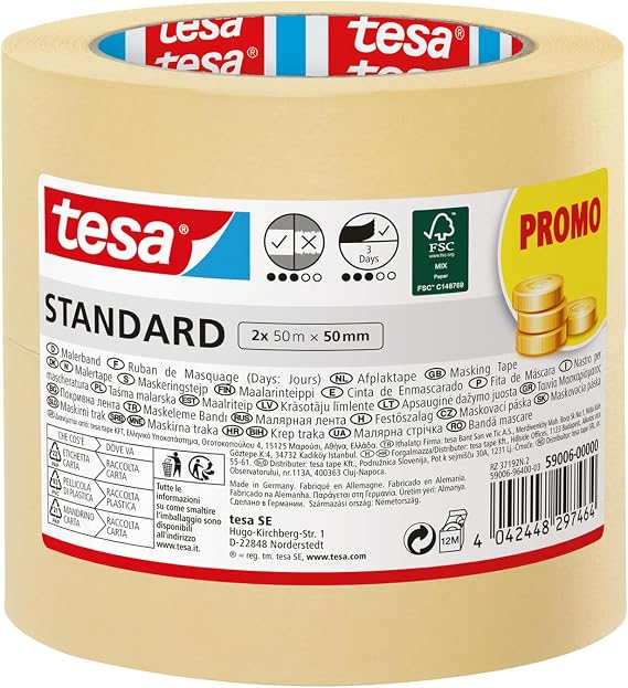 tesa Masking Tape Standard - Pack of 2 - Painter's Tape with Strong Adhesion for Masking During Painting Work - Solvent-Free - 2 x 50 m x 50 mm