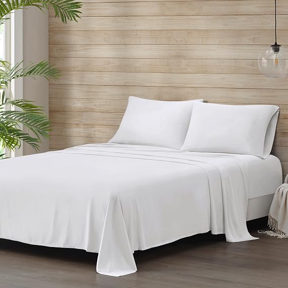 Beautyrest Tencel Polyester Blend Full Size Sheet Set, 4 Piece, White | Cool Bed Sheet Set, Colorfast, Moisture Wicking Sheets, Silky Soft Gentle on Skin, Deep Pocket Fits up to 16" Mattress