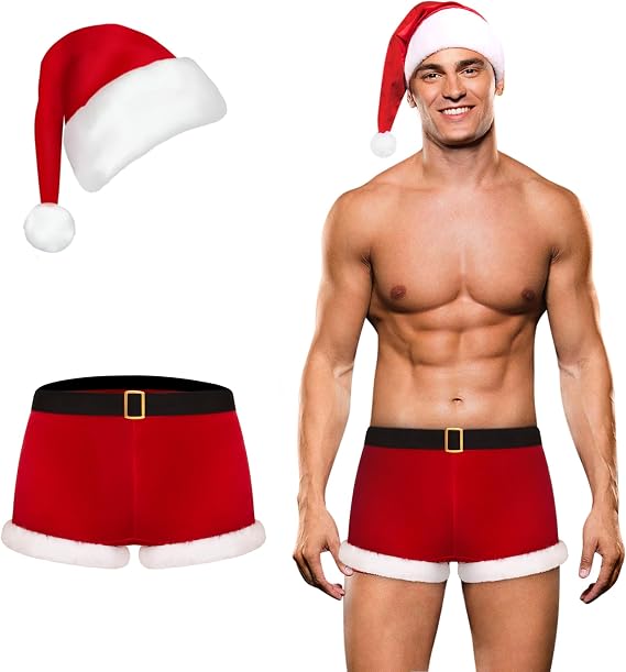 RSLOVE Mens Christmas Lingerie Set - Santa Boxer Gifts Men Red Briefs Holiday Shorts Costume Underwear Outfits 2PCS With Hat