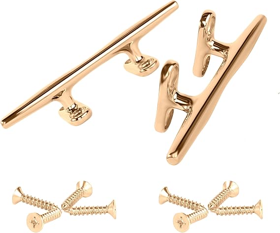 Brass Boat Cleats 6 inch Brass Cleat,Cleat,Copper Plated Dock Boats,Golden Color Boat Cleats for Mooring Boat,Marine or Decorative Applications,Hooks,Handle,Pack of 2