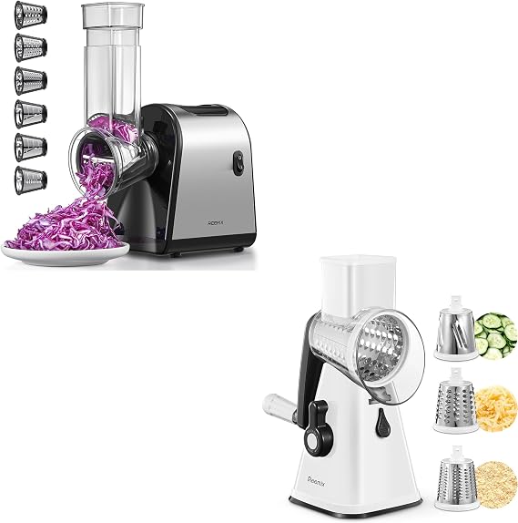 Rotary Cheese Grater, Reemix Rotary Vegetable Slicer, Rotary Kitchen Mandoline Vegetable Slicer with 3 Replaceable Stainless Steel Blades 