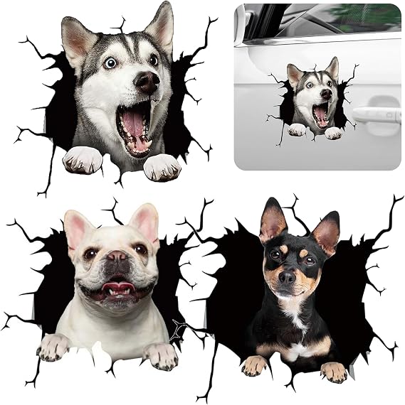 Pack of 3 Funny Car Stickers for Car 20 x 20 cm 3D Dog Wall Breakthrough Set with Bulldog Husky and Chihuahua Waterproof UV-Resistant Car Sticker