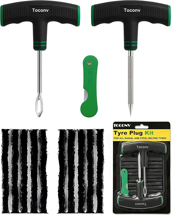 Tyre Plug Kit, 13PCS Tyre Repair Kit with Self-Vulcanizing Plugs, Ergonomic Oversized & Rubber-Grip T-Handle Tools, Flat Tyre Puncture Repair Tools for Cars, Motorcycle, ATV, SUV, etc