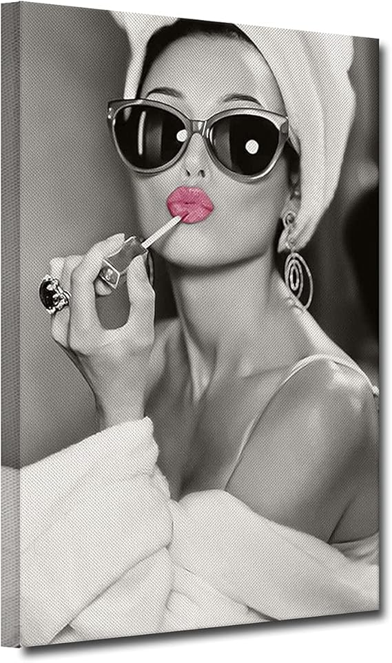 ZHONGYUTONG Audrey Hepburn Canvas Artwork Vintage Pink Lipstick Makeup Wall Art Black and White Cute Lips Print Modern Home Decor for Living Room Bedroom, Framed Ready to Hang (Print-1, 16''x24'')