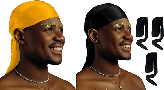 1 Pack Gold Silky Satin Durag Bundle 4 Pack Black Silk Durag