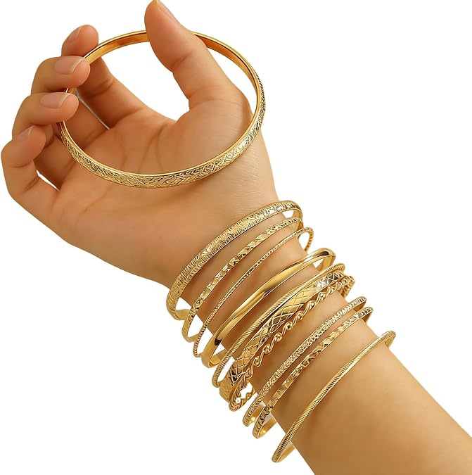 10 PCS Stackable Gold Bangles for Womens, Gold-tone Thin Bangle Bracelet