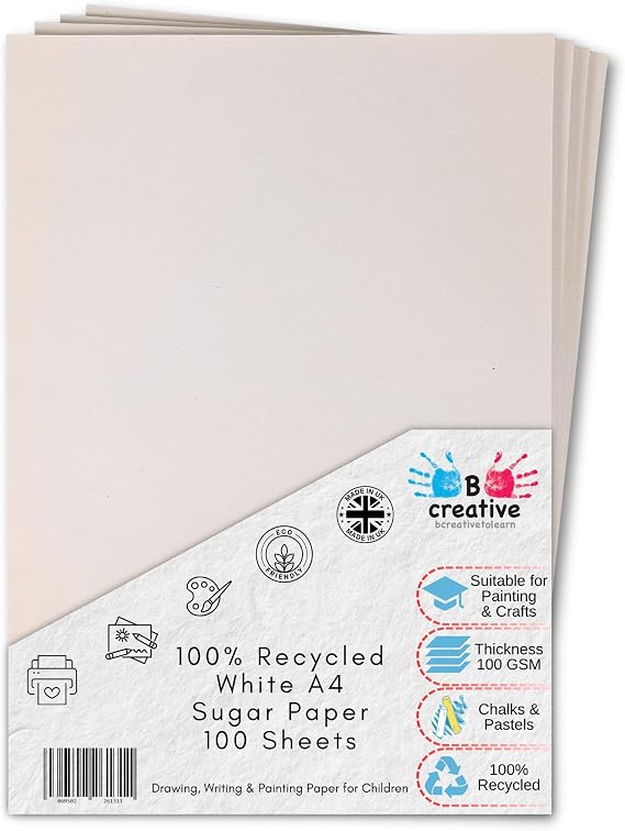 Be Creative A4 White Sugar Paper 100gsm 100 Sheets 29.7 x 21 cm – Recycled Paper for Drawing, Arts, Crafts & Classroom Use