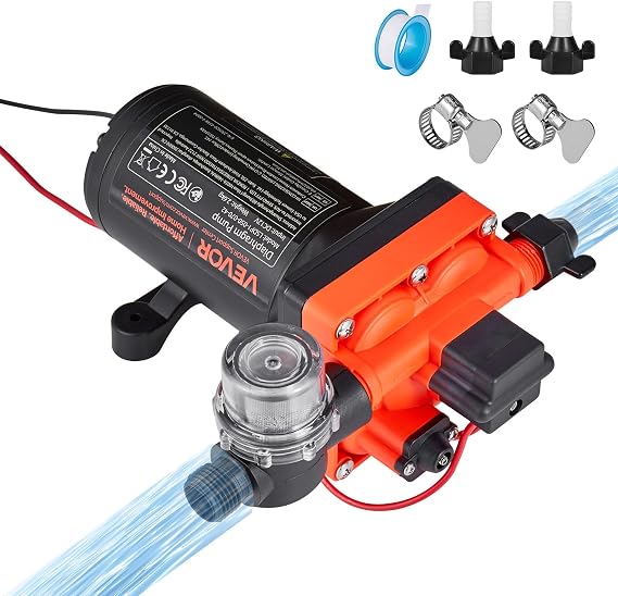 VEVOR RV Water Pump, 12V DC 5 GPM (18.9 L/min), 4-Chamber Self-Priming Diaphragm Water Pump with Automatic Pressure Switch, 70 PSI Max Pressure, On Demand for RV, Caravan, Marine, Yacht, Car Washing