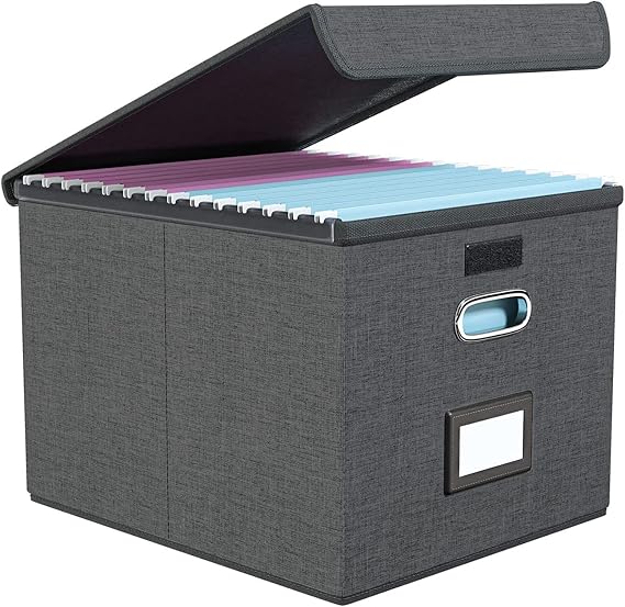 Portable File Organizer Box with Lids, Collapsible Linen Hanging Filing Storage Boxes with Plastic Slide, Decorative Home/Office Filling System for File and Folders Storage (Folders not included)
