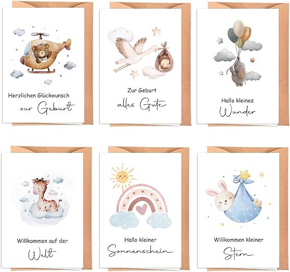 6 x High-Quality Birth Card with Envelope - A6 Folding Cards Greeting Card Birth Boy Girl