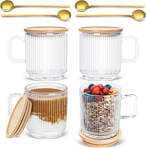Set of 4 Glass Coffee Mugs with Bamboo Lids and Spoons, 12oz Vintage Coffee Mug, Ribbed Glassware for Latte, Tea, Cappuccino, Cute Coffee Bar Accessories Clear Glass Coffee Cups for Hot/Cold Beverages