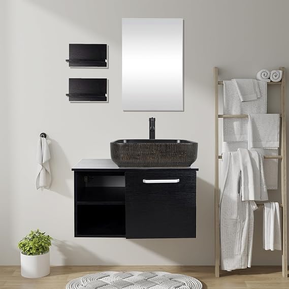 28 Inch Wall Mounted Bathroom Vanity and Ceramic Sink Combo with Mirror and ORB 1.5GPM Water Saving Faucet and Pop-up Drain Set Modern Lavatory Floating Vanity with Counter Top Sink