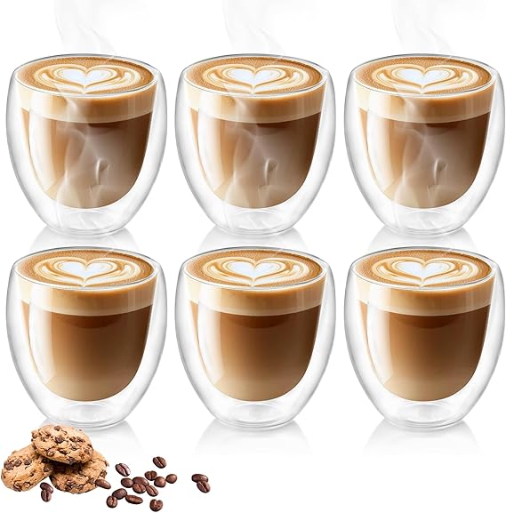 Cappuccino Cups, Set of 6, Cappuccino Glasses, 250 ml Double-Walled Coffee Glasses, Floating Effect, Thermal Glasses, Heat Resistant Tea Glass, Coffee Glass
