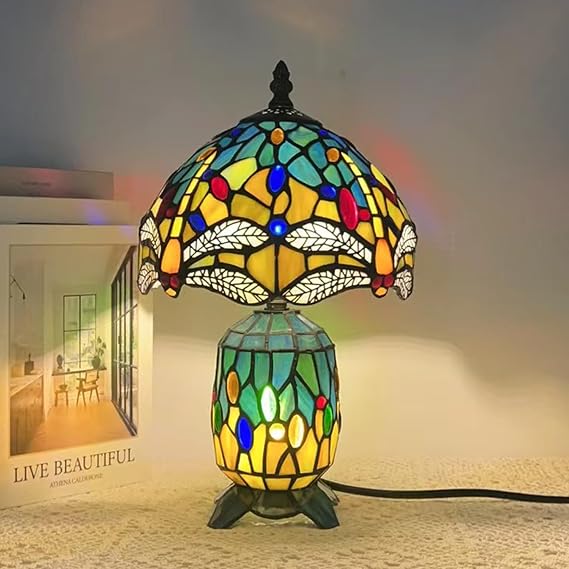 Tiffany Stained Glass Table Lamp 8X14 Inches(Sea Blue Yellow) | Small Mini Mother Daughter Vase Design, Desk Accent Night Light, Bedroom Bedside Reading, Antique Style