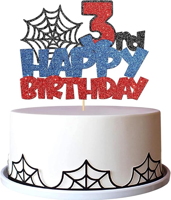 Confetti! Superhero Happy 3rd Birthday Number Cake Topper, MultiLayer Glitter Cake Decoration Superhero Happy 3rd Birthday Cake Decor Boys Kids Super hero web Party Decorations