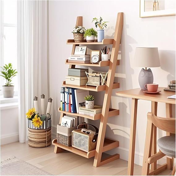 5-Tier Wooden Ladder Shelf Bookcase, Wood Color Leaning Bookshelf | Ladder Bookshelf Space-Saving, Freestanding Storage Rack, Plant Ladder indoor for Living Room, Home Office and Bedroom