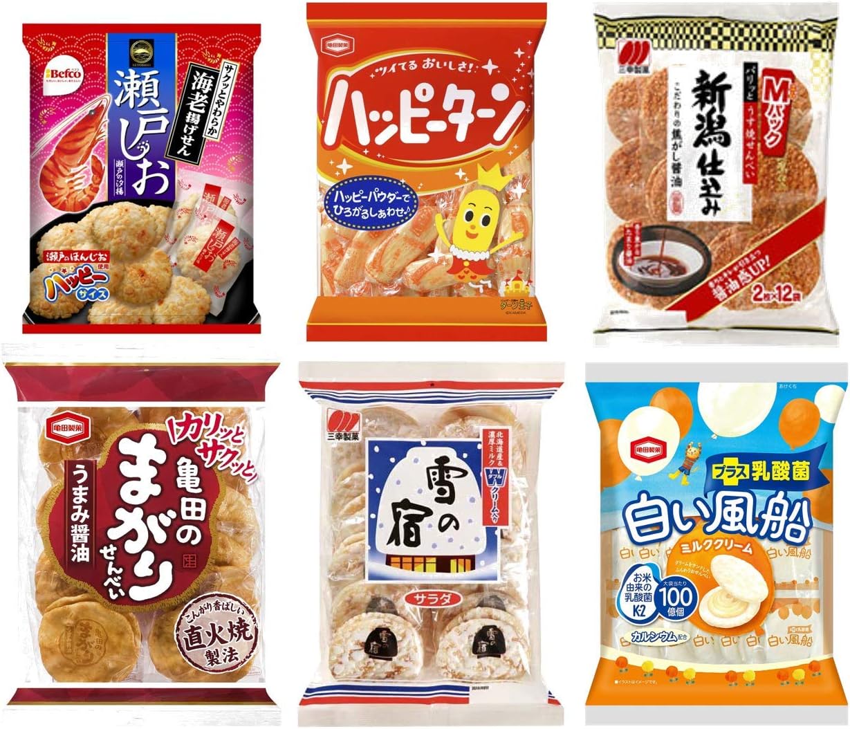 Assorted Snacks Cracker Set A Happy Turn, Curved Cracker, White Balloon, Seto Salt Prawn Fried Cracker, Niigata Style Burnt Soy Sauce, Snow Lodge Total 6 Pieces Set