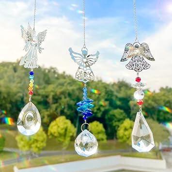 3 Pieces Crystal Sun Catchers - Angel Suncatchers for Windows Glass Heart Prism Sun Catcher with Chain Pendant Hanging Decor for Lamps Light Home Window Curtain Office Garden Car Decoration