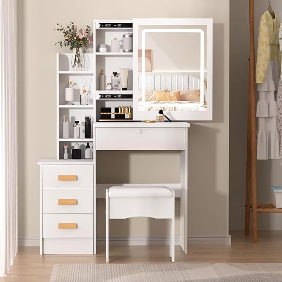 Dressing Table with Stool, Vanity Desk with Sliding Mirror and 3 LED Lights, Makeup Table with 4 Drawers & Storage Shelves, Vanity Tables for Bedroom Dressing Room (White 130cm)