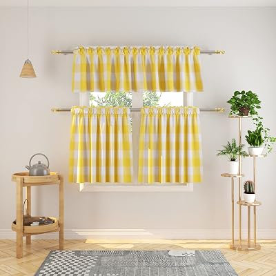 3 Pc Cotton Classic Country Farmhouse Kitchen Window Curtain -Yellow & White Buffalo Check Tier & Valance Set, 54 x 18  27 x 24