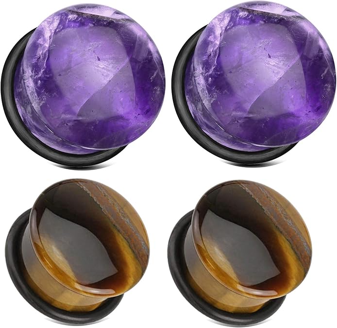 2 Pairs Amethyst Tiger Eye Single Flare Organic Stone Plugs Ear Gauges 00g 0g 2g 4g 6g