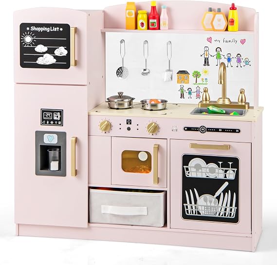 HONEY JOY Kids Kitchen Playset, Wooden Toy Kitchen Set with Lights & Sounds, Microwave, Ice Maker, Storage Box, Interactive Little Chef Pretend Play Kitchen for Toddlers, Gift for Boys Girls (Pink)