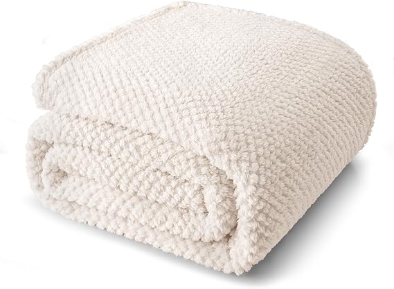Whale Flotilla Jacquard Soft Queen Size Bed Blanket, 230x230 CM | Ivory, Lightweight Breathable Waffle Blankets, Decorative for Chair Sofa Coach, All Season, Fluffy Microfiber, Bedspread